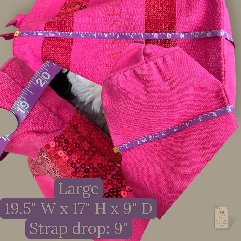 Victoria’s Secret Large Hot Pink Canvas Tote Bag Red Sequin Stripe Shopper 2011 - Picture 5 of 7
